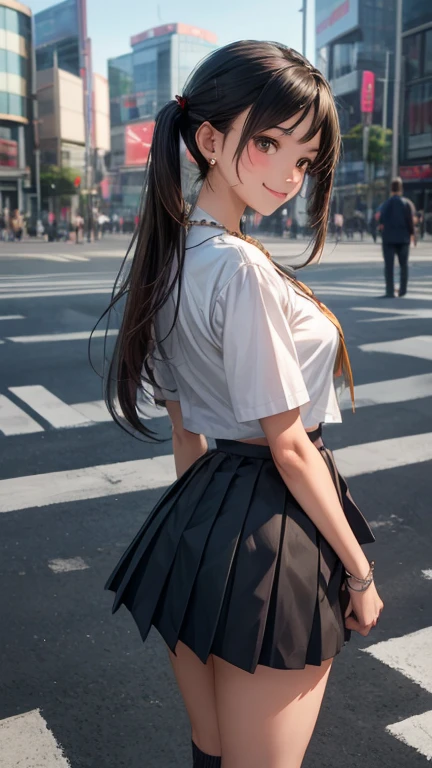 r_ap82_, looking at viewer, (8k, RAW photo, masterpiece:1.3), (realistic, photorealistic:1.1), 1girl, best quality,hyper detailed,highres, slender body, (cheerfull, happy,smile:0.9), city streets, outdoors, field, thighhighs, (school uniform:1.2),super big breast,(P cup),body wet water,long ponytail brown hair