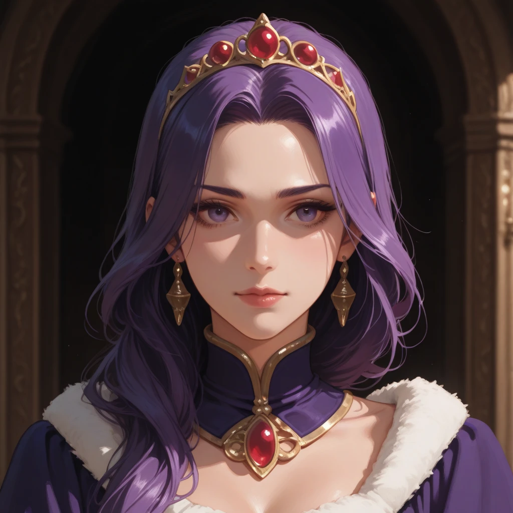 1girl, bare shoulders, puprle eyes, building, dress, earrings, fashi-girl, jewelry, long hair, looking at viewer, outdoors, closed mouth, purple hair, princess, sky, solo, tiara, purple dress,mature female,alluring,regal,imperious,imperial,large breasts,cleavage,portrait