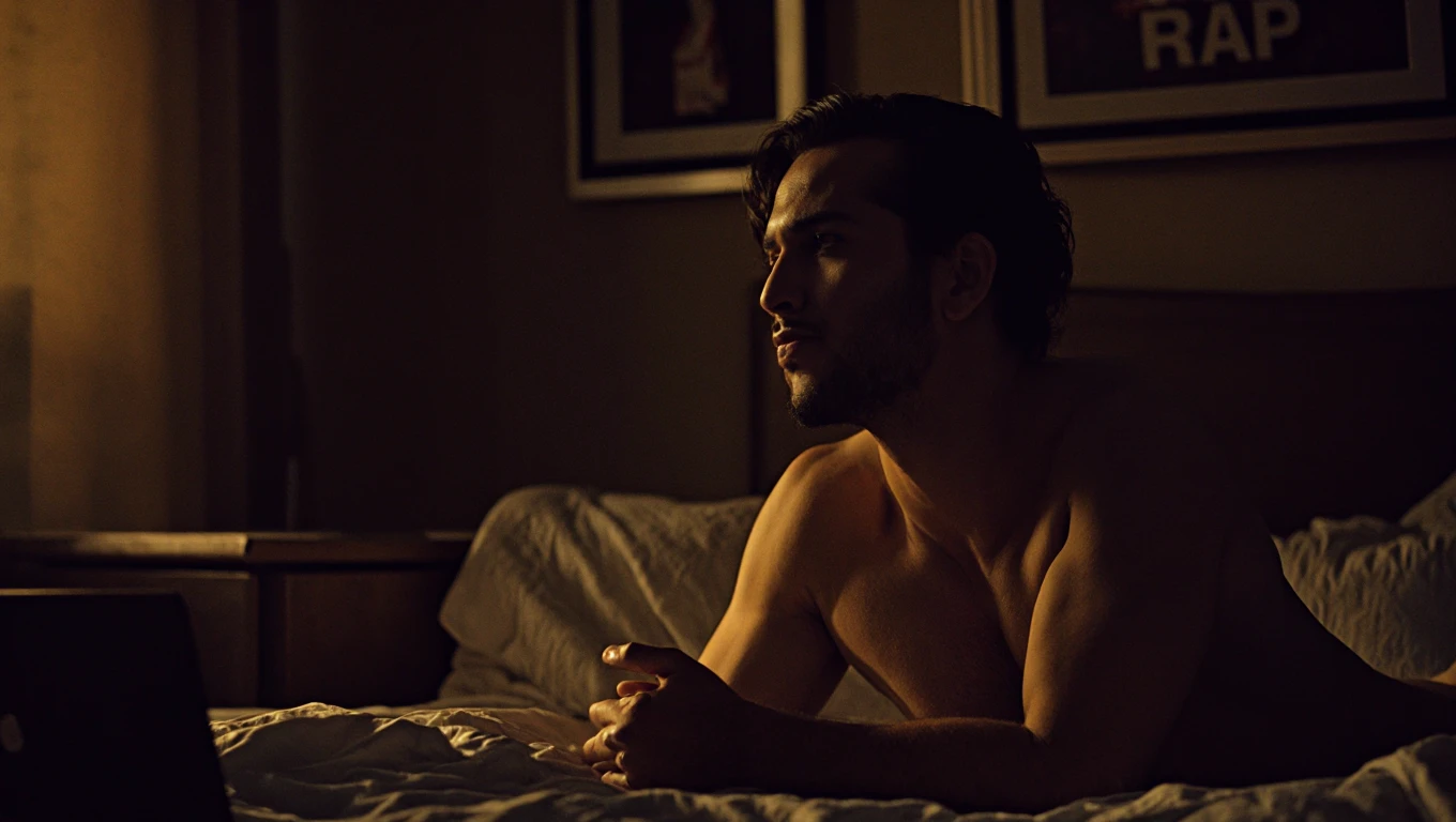 The 1, the same as Jax Pena, was lying in bed playing with his pal in the dark room, wearing no shirt.