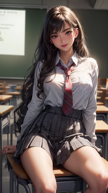 8K quality、High definition male、Gal high school girl、Brown long hair、Brown eyes、Star Necklace、High school classroom at dusk、Japanese school girl uniform、Beautiful legs、Beautiful thighs、Dignified face、Small breasts、Seduce、slender、Model Body Type、Ripe body、、Rolled up hem、White blouse with open chest、Wearing a navy blue jacket with the sleeves rolled up、Light blue skirt、Lift one leg、Open your mouth and take the penis、Realistic male genitalia、Realistic female genitalia