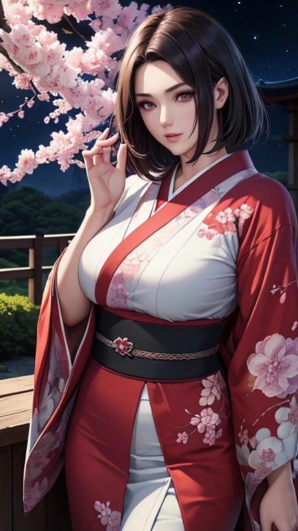 score_9,score_8_up,score_7_up,Cute 20-year-old Japanese 1 girl,solo,(8k, masterpiece, ultra-detailed, best quality, ultra high res, newest, very aesthetic, absurdres, illustration, perfect composition),(hires),looking at viewer,black hair,shiny skin,fair skin,(upper body:1.5),toothless smilev,emphasizing her curvy body and large breasts,A beauty in a vibrant red kimono, gracefully looking back over her shoulder, background of cherry trees in full bloom