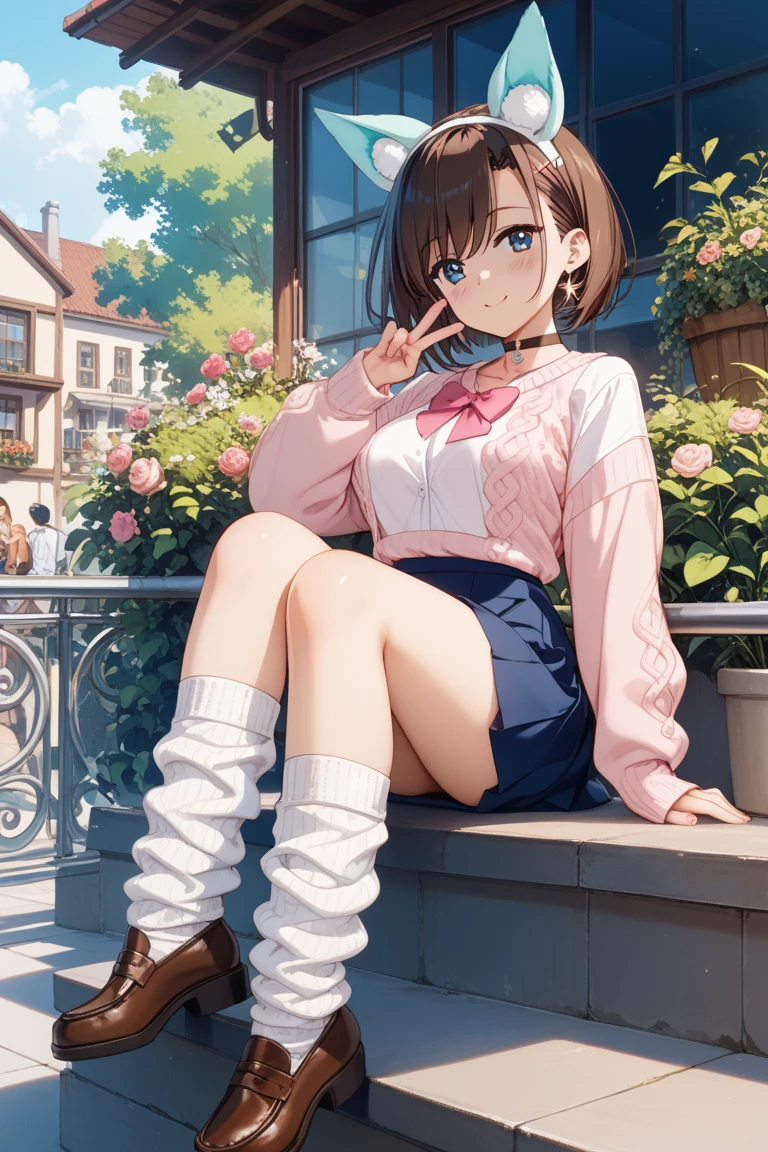 Full CG Momo Ayase(Momo Ayase )wearing a pink sweater、blue skirt、white loose socks、brown loafers、Sitting on a pedestal、wears a pink v-neck sweater over a white shirt with a pink bow、Woman with brown short hair、blue miniskirt、white loose socks、I'm wearing brown leather shoes、I'm sitting on a transparent pedestal。Choker Around Her Neck、earrings that look like turquoise blue on my ears、no hair ornaments