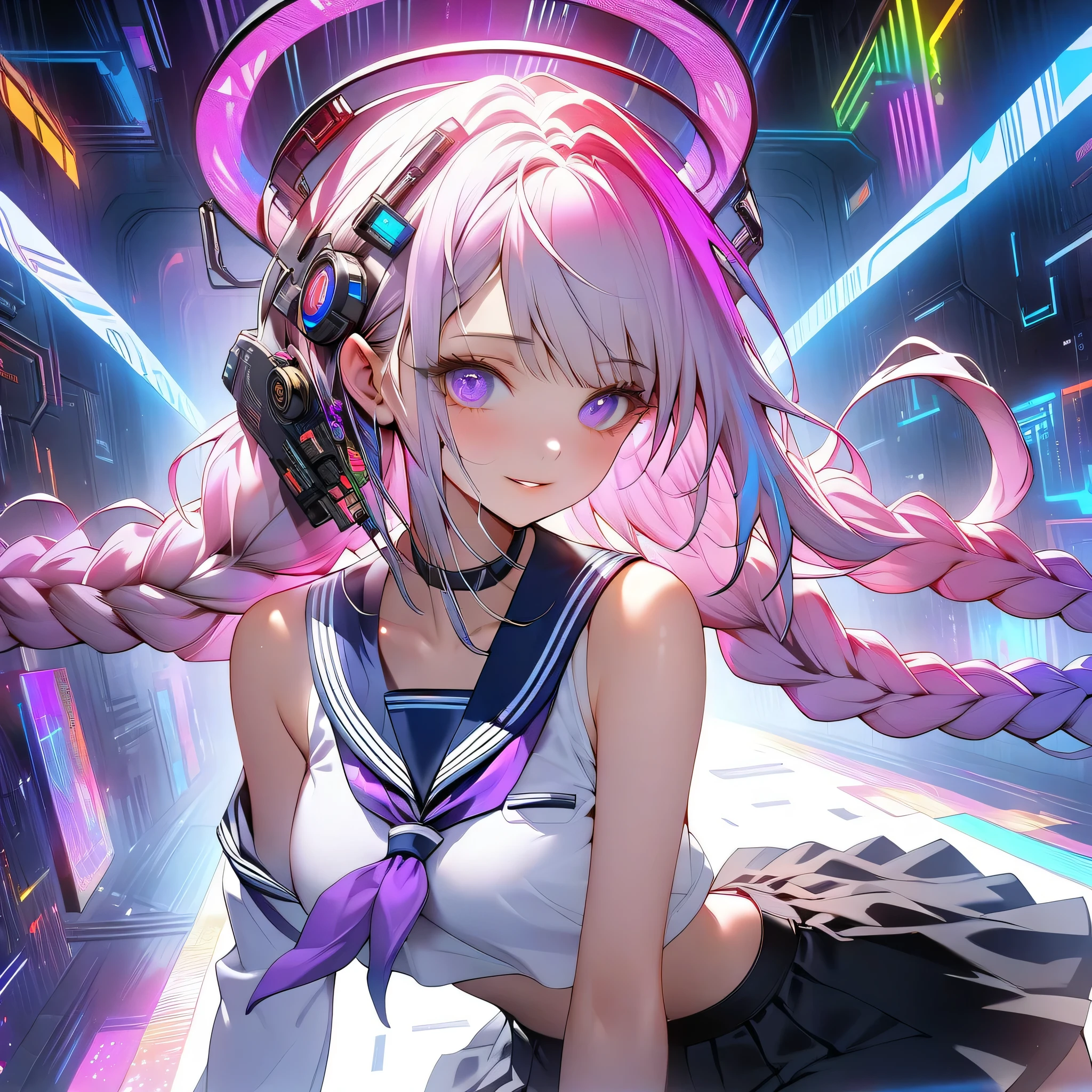 electronic space、neon circuits intersect intricately、masterpiece, best quality, high quality, detailed, ultra detailed, hyper detailed, insanely detailed, exquisite, beautiful, HHD, Full-HD, 4K, 8K, 16K, highres, absurdres, neon light effect, rainbow gradient, girl, elegant face, like appearance, highest detail, dynamic composition, long braided hair in purple and white gradient, sailor uniform, cyberpunk design, black skirt, loose white socks, bare shoulders, exposed belly, boy placing hand on girl's head, neon colors, fantasy space, complex circuitry, lost in circuitry, video game world, flying through neon tunnel, glowing fashion in darkness,Electronic circuits are built into the body、