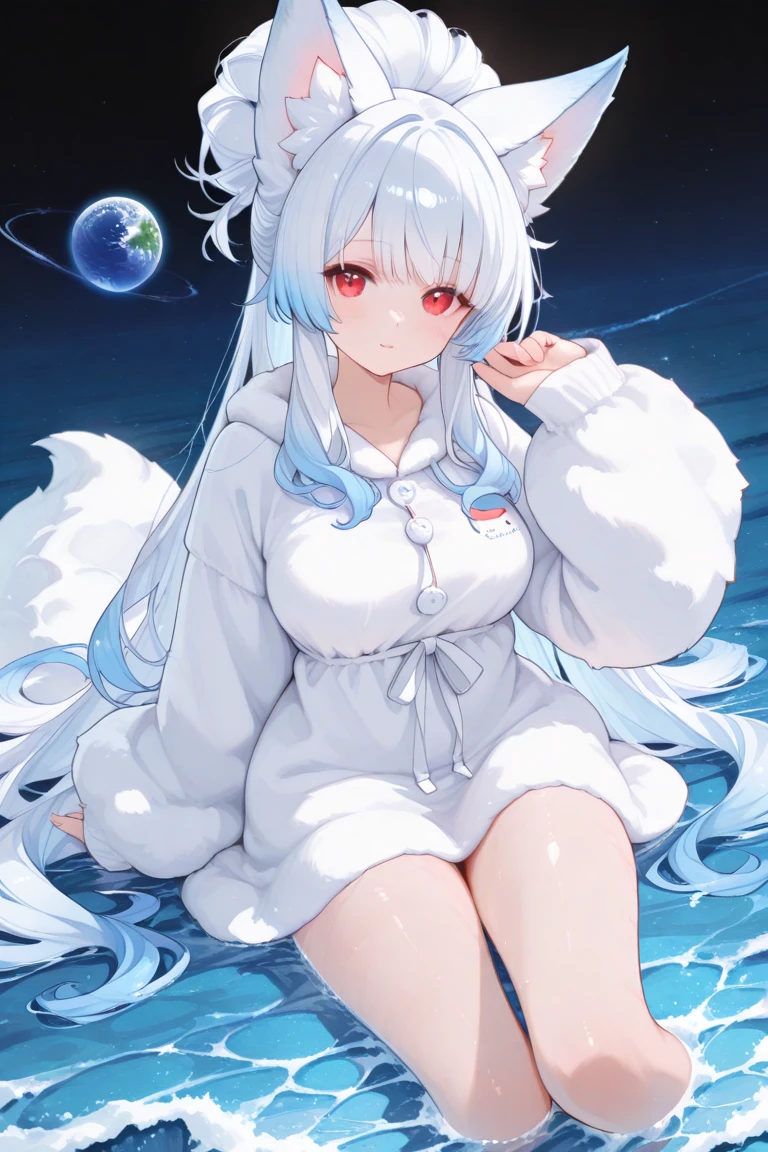 Long milky white hair,Milky white cat ears,Anime girl in white shirt,Blue sweatshirt,short skirt, cute anime catgirl, anime catgirl, she has a cute expressive face, anime cat, beautiful anime catgirl, Cat woman, Cute!! Cat woman, Anime moe art style, very beautiful cute catgirl,Whole body diagram,standing on your feet
