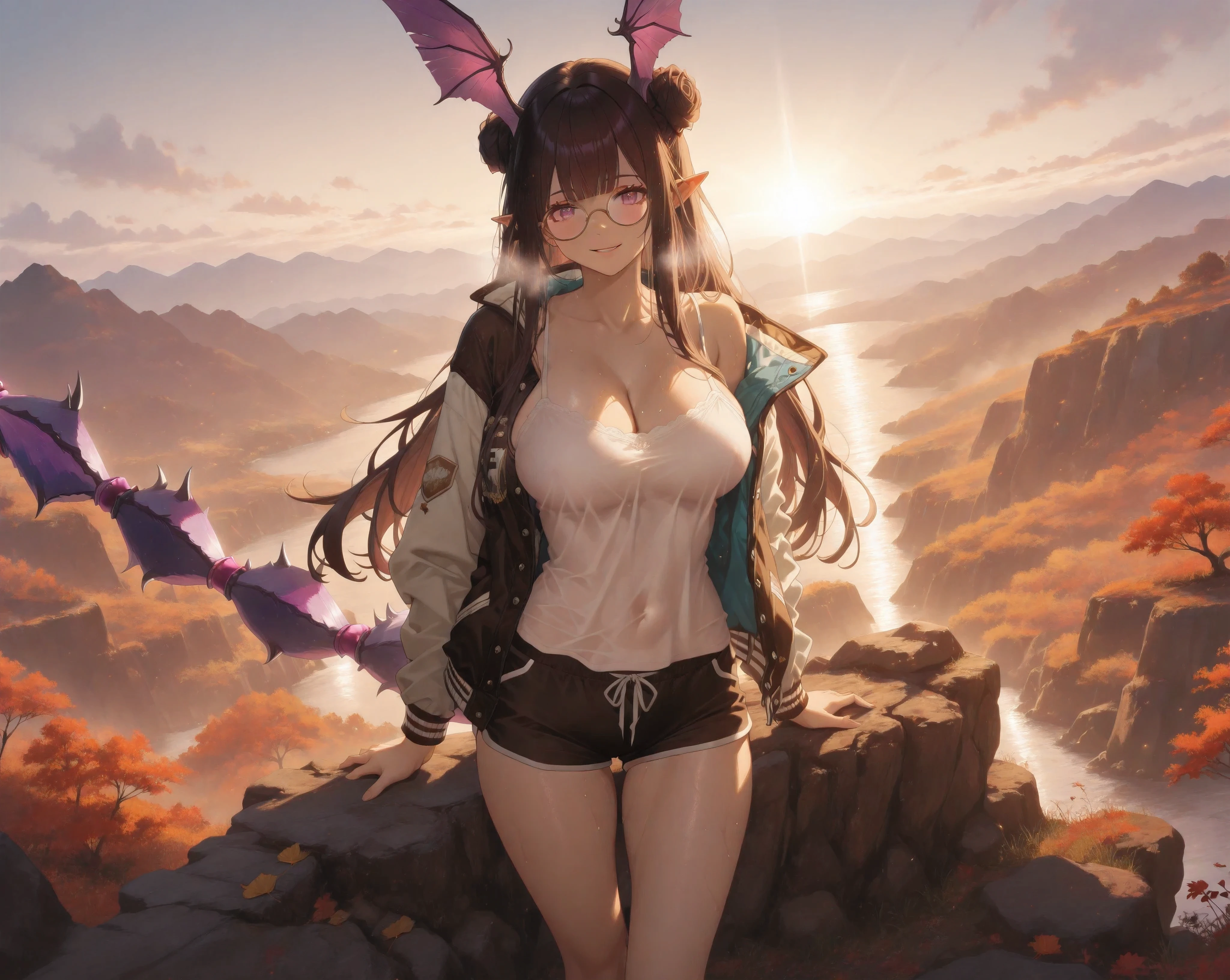 (NSFW:1.1), A Realistic image, extremely sharp focus, crisp details, high resolution, 4K, 8K. (correct anatomy and detailed hand). A wide angle shot, front view, a detailed, high quality rendering of Manticore from Arknights. She wears beautiful, detailed round eyeglasses, she wears a camisole, varsity jacket and shorts. She has a beautiful big breasts. She has a beautiful face details, a beautiful detailed eyes and a real human skin, her expression is happy and she looks at the viewer. She's standing on the edge of a cliff, gazing at the mountain in the distance. Rainy autumn, dramatic cold soft light casting soft natural shadows, cold and warm color pallete. the background has highest detail, detailed background and depth of field.