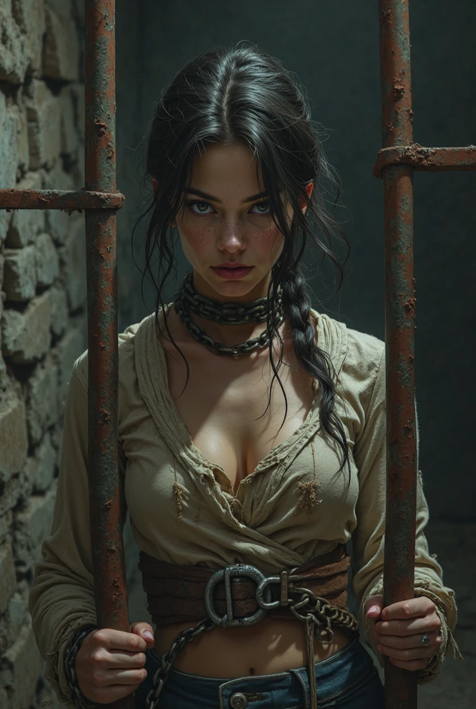 (masterpiece, absurdres, highres, ultra detailed), 1woman, wavy dark hair, adult, black eyes, focus,handsome face, yennefer the witcher, charming, detailed eyes and face, angry expression, sky background, looks like Kaya Scodelario, ghostly ethereal look