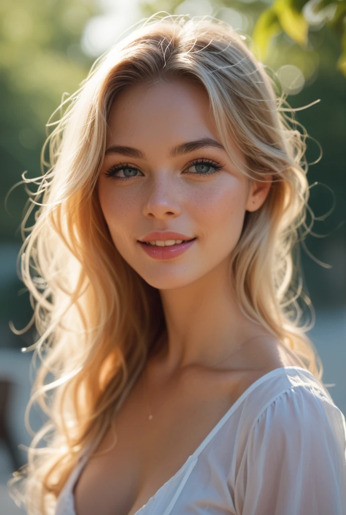 best quality,ultra-detailed,realistic:1.37,portrait,woman,blond hair,long hair,blue eyes,detailed eyes,detailed lips,blue dress,pink roses,beautiful,graceful,serene,standing,smiling,delicate,soft,harmony,romantic,soft lighting,vivid colors