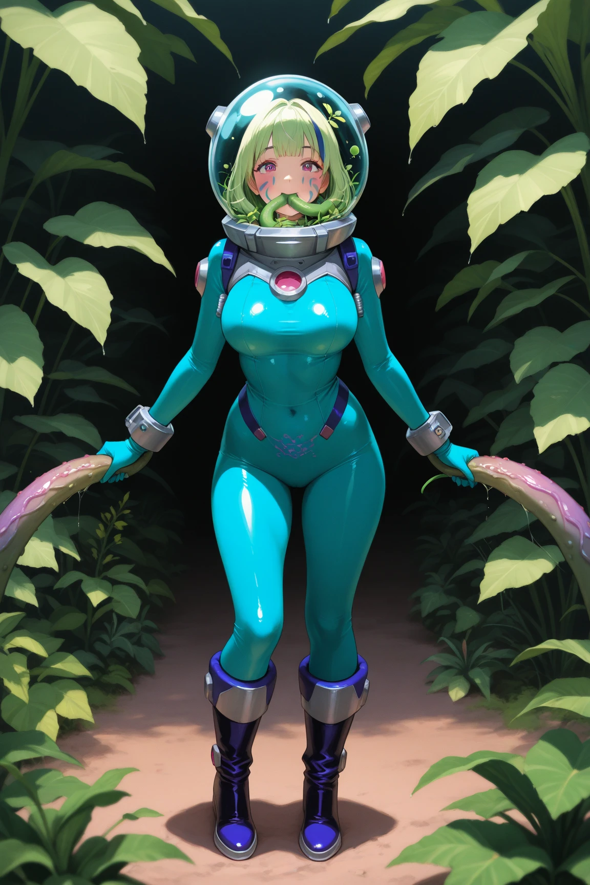(On a planet where frog people) (live in toadstool architecture), (a sexy toad woman with a large bust, wide hips, powerful legs, and wields 2 black energy tentacle whips, action pose)