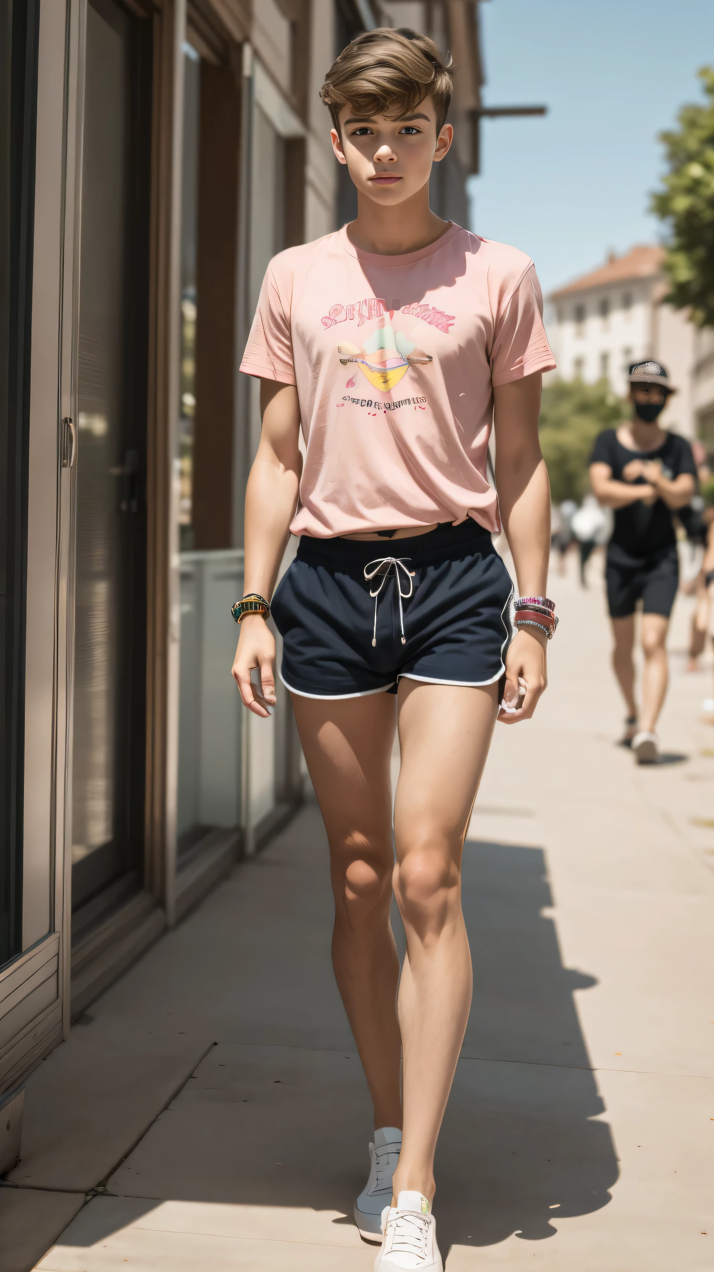 cute european young boy, bangs, fringe, too much very tanned, short pink t-shirt with short sleeves, too much very short white ladiesmicro-shorts, too very much long slender legs, leggy boy, slender arms, bracelets, hot summertime