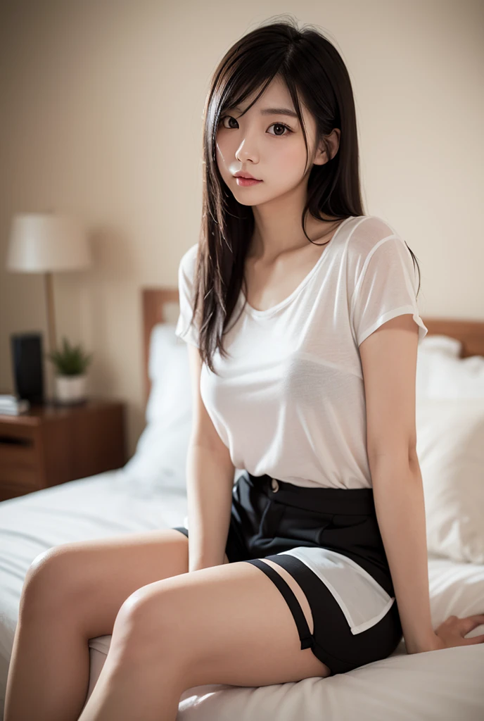 (Highest quality:1.9)、(High resolution)、Live-action image quality、((19 year old female university student、1 person))、Soft lighting by a professional photographer、Natural light、((Very spacious white luxurious room:1.6))、((Bright white room:1.6))、(Standing in front of a very luxurious white bed:1.2)、(White bookshelf background:1.1)、Natural soft light、((Black Hair Color:1.1))、Fair skin、Detailed Eyes、double eyelid、Slightly puffy cheeks、((Small Face:1.0))、((White lace short sleeve shirt、Please wear it with the chest open.:1.7))、((White checked skirt:1.2))、(Cute Smile)、((Girly pose 1.8))、((Straight medium-long hair:1.1))、((Full Body Shot:1.2))、((Height: 145cm))、Hands in front、Hold hands between legs、bangs、