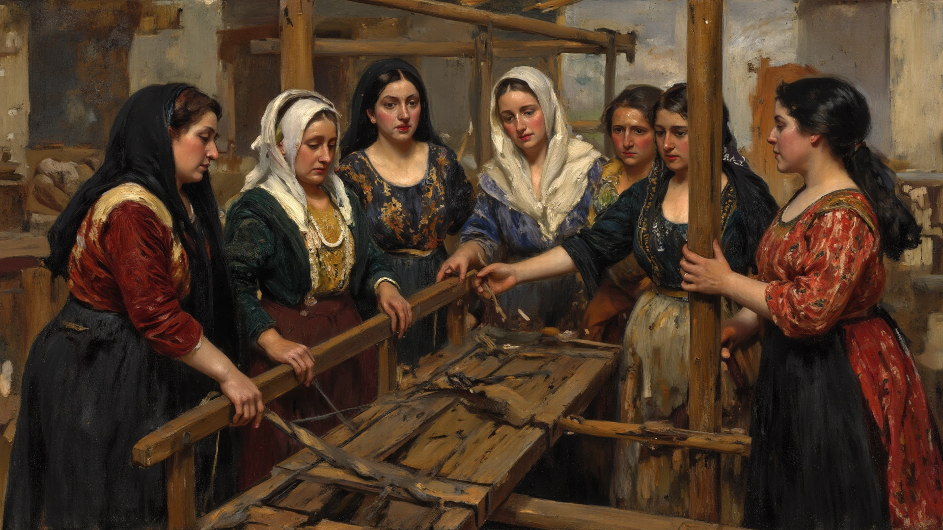 (((Pre-Raphaelite painting of Celtic women in a weaving competition, rostos delicados)))