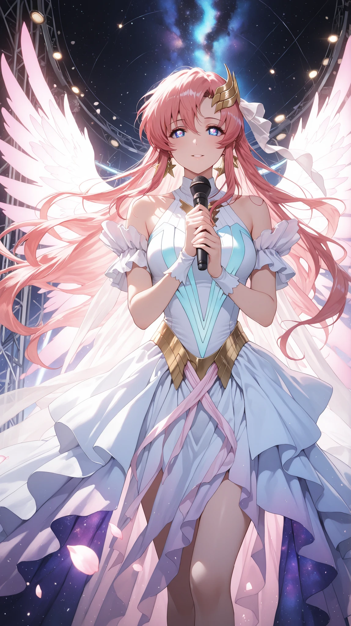 (masterpiece, detailed:1.2), anime girl inspired by Lacus Clyne, soft pink hair flowing gently, elegant and serene expression, wearing a flowing futuristic concert outfit, standing on a glowing sci-fi concert stage in outer space, surrounded by floating lights and stardust, holographic petals in the air, galaxy and stars as backdrop, ethereal spotlight shining down, emotional eyes, microphone in hand, dreamy lighting, warm nostalgic anime vibes, romantic energy, delicate composition, cosmic concert atmosphere