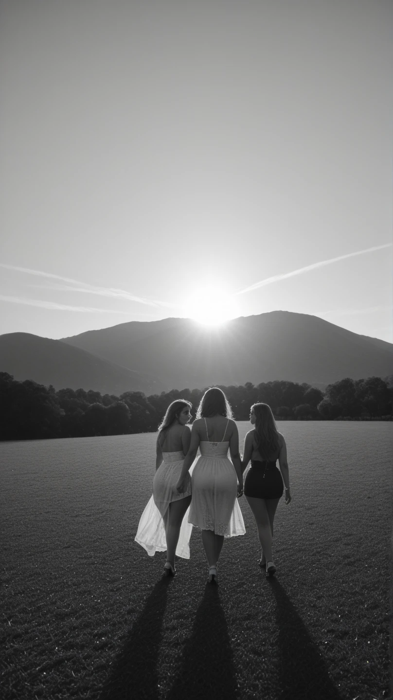 Two girls watching the first sunrise from the top of a mountain、posterior view、big butts、