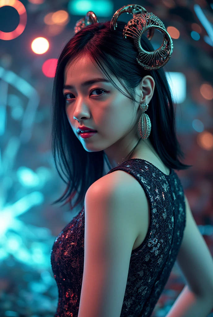 analogue fashion photo shot of beatiful Indonesian woman of korean descent with ash dark blue long hair, smoking a white tailor made cigarette in a nightclub, ((neon lights purple and blue lights)), (((((high fashion sleek black dress in the style of Valentino))))), supermodel, model poses, masterpiece, eye level, Kodak Funsaver, Porta 160, 20mm, bokeh, in the style of Nan Goldin, textured, distressed, ((vintage)), edgy, noisy, high contrast
