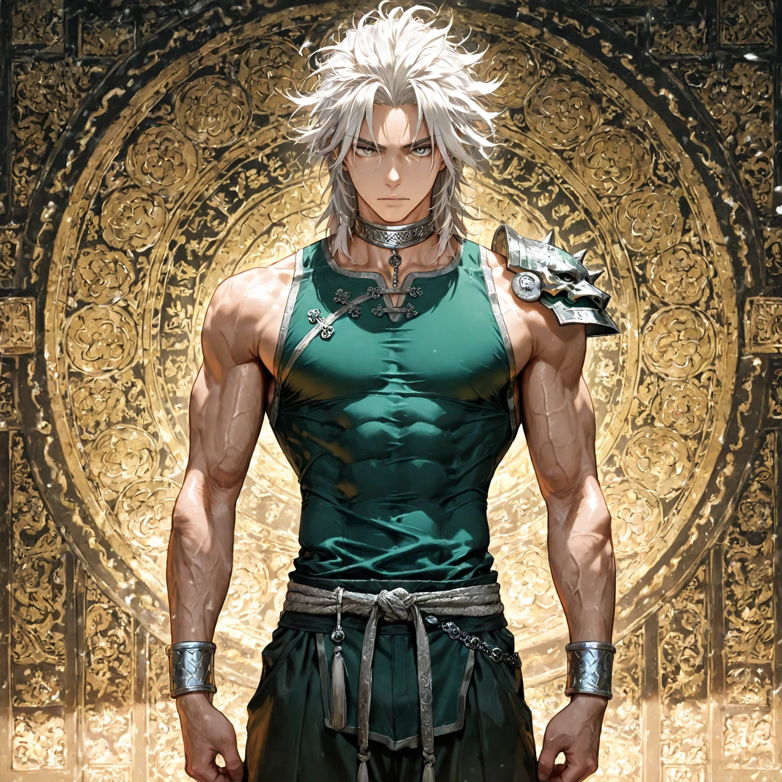 masterpiece, best quality, 1 male, young, white green hair, samurai ,symbolism,art, beautiful, beautiful , courage
