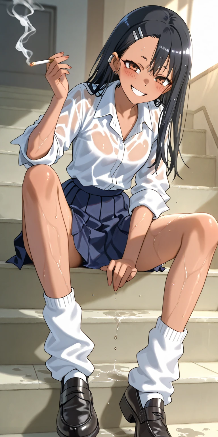 ((Correct Anatomy)),(on stage),(Female student),((school uniform)),((Sailor suit)),((White lace panties)),(Mini Pleated Skirt),(((White loose socks))),((school uniform)),((squat)),Ultra-high resolution,Mature Woman, Mature Woman, Very detailed,Sunburned skin,Brown Skin,((Beautiful feet)),(Big Breasts),((Beautiful legs)),Perfect hands, Detailed fingers, Beautiful details, ((Long Hair)),((ponytail)),Black Choker, Earrings,loafers,Glasses,Embarrassing,Perfect Eyes, Captivating eyes,(School stairs)