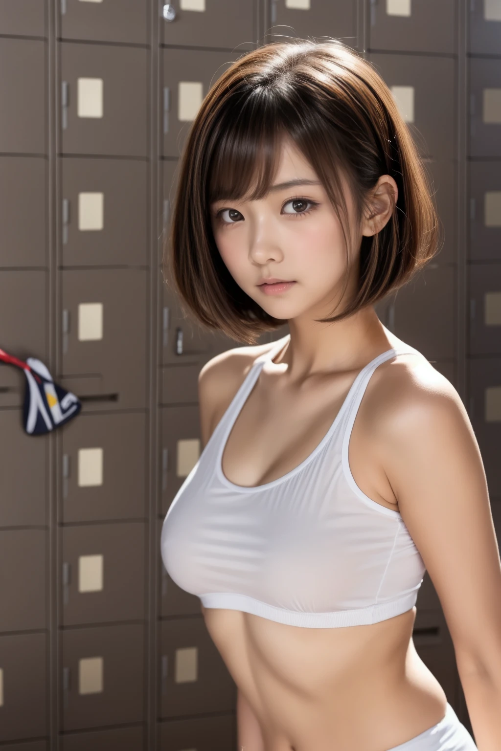 Amazingly cute face and eyes, (Silky brown hair, (Hime cut hair:1.2)), , , delicate, (highest quality:1.4), (Very detailedな), (Very detailedな美しい顔),, Brown eyes, (Very detailedで美しい ), , (Flawlessレースのブラジャー、FlawlessＴback、White or pink、Showing panties、Crouch down、Full body description、M-shaped splits、Front facing the viewer 1.6）(Very detailedな CG 統合 8k 壁紙), Very detailedな, High-resolution RAW color photos, Professional photography, Realistic portrait, Very high resolution, ,, , ((Full body photo )), ((1 girl:1.3)), Japanese ((18-year-old )), , (highest quality:1.4), 32k resolution, (Realistic:1.5), (Ultra-realistic:1.5), High resolution UHD, (masterpiece:1.2)), (Improvement of quality:1.4), (Very beautiful facial details), (highest qualityのリアルな肌の質感:1.4), ((Flawless解剖学:1.2)), (((Light grey background color:1.0)), Accurate Fingers, Very detailed, Symmetrical eyes, Thin lashes, Thinly trimmed eyebrows, View your viewers, Natural Makeup, [Pink lipstick], ((A great eye for quality:1.2)),, (Beautiful Lips:1.33), (Great nose:1.2), ((School locker room in background:1.37)), ((Large Breasts)), Tight waist, , , bangs, , Gentle light illuminates the face and body, Spectacular and inspiring cinema lighting, Big smile , , (noon,), ((Lower your arms to your sides)), Slender body, ,(Accentuate the bust top),