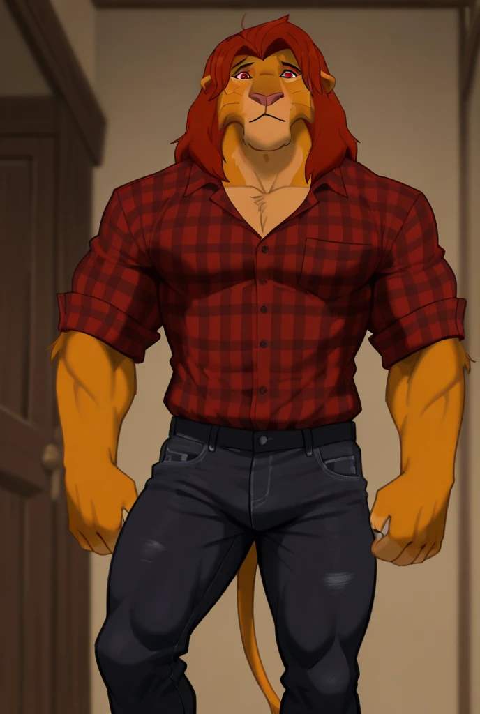 An anthropomorphic Lion, Humanoid Beast, muscle body, with red hair ...