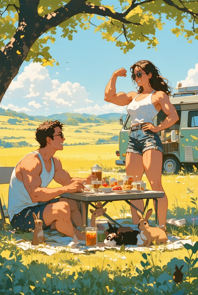 photo of two men camping in the mountains, happy, muscular, 2boys, (film grain, blurry background, blurry foreground, bokeh, depth of field, sunrise, motion blur:1.3), masterpiece, realistic, (detailed background), depth of field, intricate details, cartoon, 3d