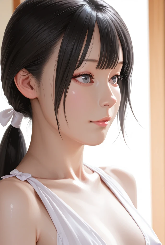 chichi from dragon ball anime, Bun hair, Black hair, Bangs, Black eyes, Beauty, Beautiful woman, Perfect body, Perfect breasts, using a Towel, Towel, white Towel, In the bathroom, bathtub, taking shower, Looking at the viewer, Realism, Little smile, masutepiece, Leather Texture, super detailed, high detailing, High quality, Best Quality, 1080p, 16 K