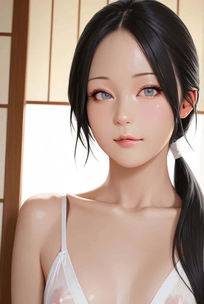 naked、Short half twin tails、((Small Bust))、Black Hair
