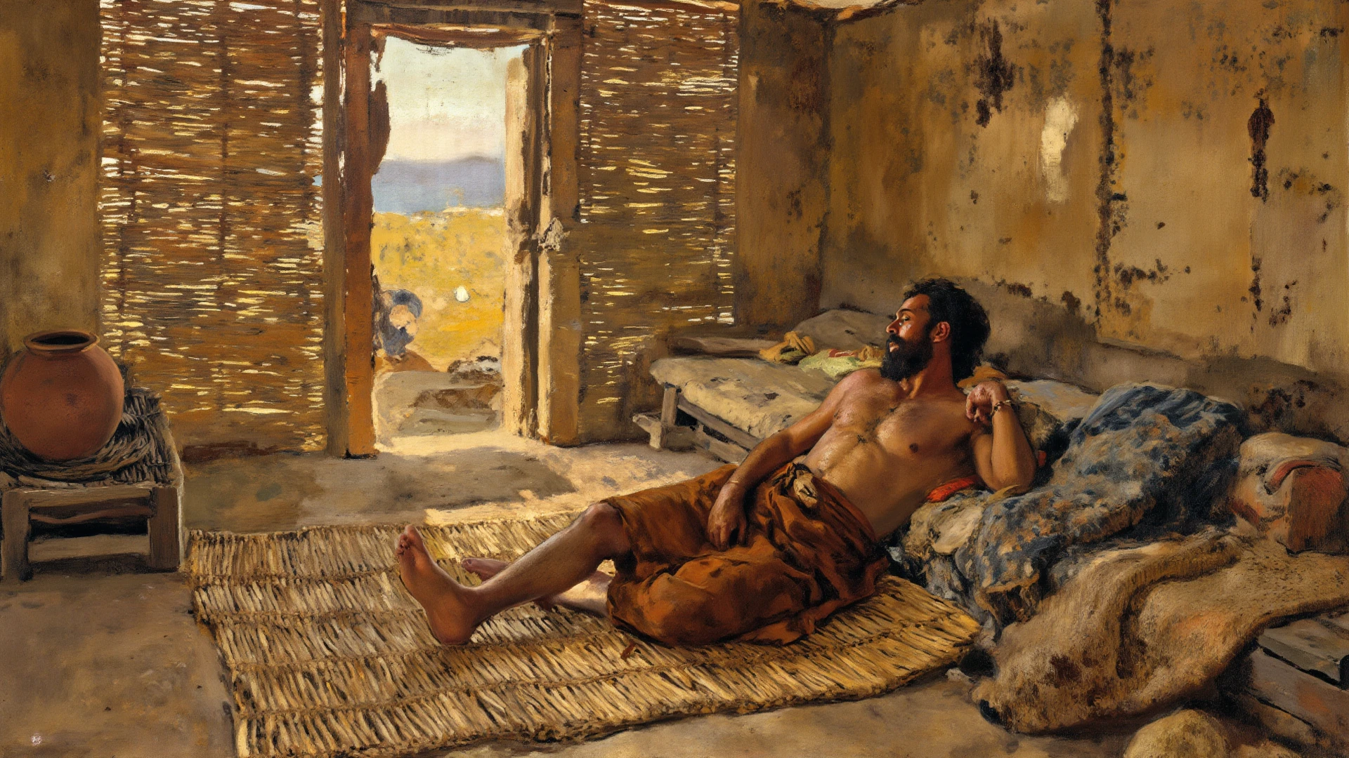 (full body, wide angle clean coherent scene:1.2), (Sicilian:1.3) (man:1.0),  (chaos cultist:1.2) (surrounded by dense foliage:1.2), (flat bony jawline,:1.2) (type 2c curl:1.2), (simple tank-top, harem-pants, , patterned outfit,:1.0) (orientalism painting by Jean Leon Gerome:1.2), (1970s grainy analog, pores:1.0) <lora:ori4:0.3>