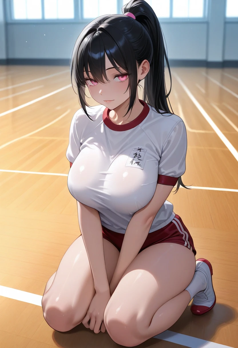 (masterpiece), (highest quality), (Very detailed), At the basketball venue, 1girl, blush, ((Lifting the uniform:1.2)), Happy, Show Viewer, Big Hair, Brown Hair, shy,((thin)) ,anxiety, blush, mischief,the body is slim,(Shiny skin), from the front, From above,ear, ((topless:1.4)),(Thighs),
