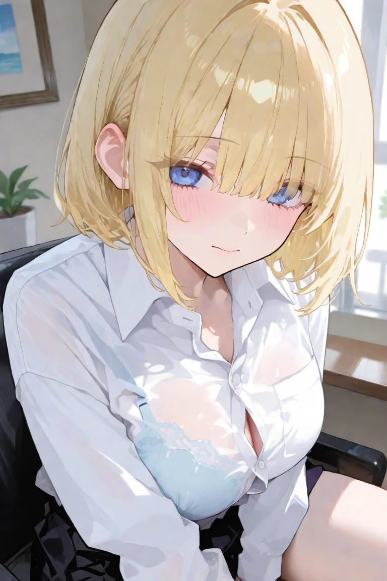 beautiful woman, medium bob cut blonde hair, light blue eyes, two points glasses, medium breasts, blue opened jacket, white blouse, white long flare skirt, blue pumps, soft smile, perfect hands with 5 fingers, She's gripping my penis, handjob,