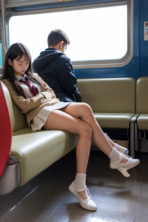 (8k, RAW photo, top quality, masterpiece: 1.2), super detail, super resolution, (realistic, real photo: 1.37), distant camera, high resolution RAW color photo, real human, feminine gesture, highlight beautiful legs, very realistic, super high quality, 8k wallpaper, amazing details, correct human structure, human body based on anatomy, very detailed beautiful girl, very detailed face very detailed eyes, very realistic skin, very detailed fingers, highly detailed nose, very detailed mouth, very delicate limbs,anatomical body perfect anatomy, very detailed background, highly detailed clothes, teen, pretty girl, famous Japan idol, cute, realistic body, slender, white skin, glowing skin, slim body, long straight hair, (dull bangs:1.2), realistic face, delicate eyes, double eyelids, sailor suit, on the train after school, beautiful and thin legs, shooting from a distance, sitting on a train chair, crossing legs while sitting, high school girl leaning on a train chair, angel smile, the cutest face in the world, human style, faithful to human structure, frolicking female proofreading, high school girl daily life, chatting happily with friends, red ribbon, sexy legs, emphasizing femininity, Blue Che skirt, delicate skirt, stretching legs, beautiful and elongated legs, elongated beautiful legs, accurate anatomy, , sexy, very embarrassing figure, short skirt, very elaborate limbs, perfect anatomy, lesbian, kiss, human skin feeling, masturbation, face