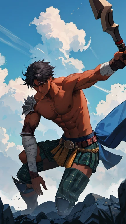 Portgas D. Ace from 'One Piece' in high quality, capturing its adventurous and powerful essence. Show him in a dynamic pose, with his hands on fire using the power of the Mera Mera no Mi. Capture his confident smile and iconic 'ASCE' tattoo on his arm. Dress him up in his cowboy hat, shorts, beaded belt and boots.Add details like the intense, vibrant flames around your hands and body, creating an effect of movement and energy. The background could be a tropical island or the deck of a pirate ship, with elements that emphasize your pirate life. Use vibrant colors and dramatic lighting to enhance Ace's visual impact and charismatic personality."