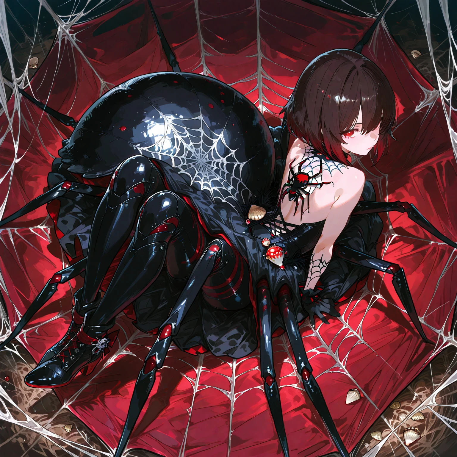 Beautiful girl fused with a spider. Girl in Japanese style maid costume. ((Female Solo. 1.1)) . hiquality. Dark fantasy style illustration. she has short hair. ratex. Shining eyes. Spider legs extending from behind her. tarantula. Embroidery with a spider web pattern. Spider web tattoo. monstergirl. Dark indoor. Wooden house.