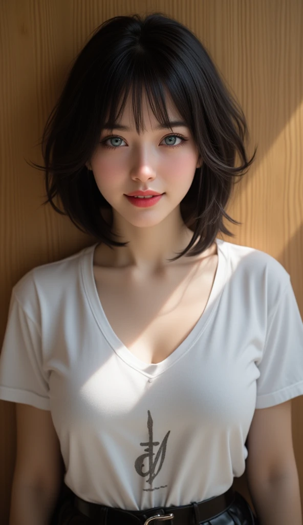 highest quality, realistic, 8K, High resolution, 1 girl, woman, (chest exposure: 1.9, exposure: 1.6), nice, (Upper body 1.5, big: 1.8)), (short bob P: 1.8, parted bangs: 1.6), view audience, (1 girl's EyesViewer: 1.6), realistic, (Bokeh), (floating hair , lips, open your mouth: 1.43), nice, face to face with the children1, small hard nipples,