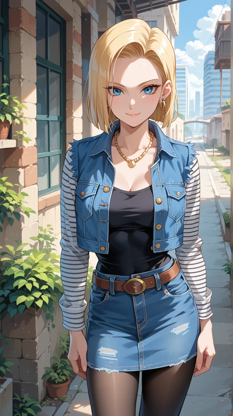 best quality, high-res, and18, 1girl, android 18, solo, blonde hair, blue eyes, belt, blue demin bodycon micro skirt, gold necklace, black shirt, short hair, long sleeves, white striped sleeves, earrings, open vest, blue denim vest, large breasts, cowboy shot, forest, straight-on, (weather: windy), combat stance, full length pantyhose, battle ruins, wide hips, shy smile,
