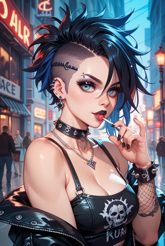 (masterpiece:1.2, best quality), (real picture, intricate details), (1lady, solo, upper body, big tits)
Clothes: edgy, avant-garde, experimental
Appearance: shaved head or bold hair color, dramatic makeup, unconventional fashion choices
Behavior: rebellious, non-conformist, provocative
Location: urban art district, underground music scene
Hobbies: attending punk shows, creating mixed media art, experimenting with different subcultures
Values: individuality, authenticity, creative expression
Inspirations: punk rock music, counterculture icons, avant-garde art movements
Personality traits: bold, daring, unconventional.