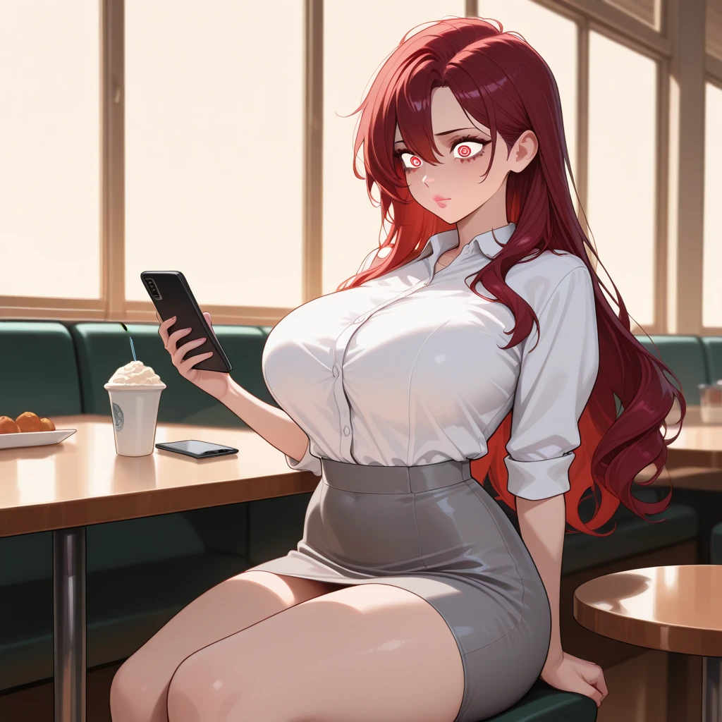 score_9, score_8_up, score_7_up, score_6_up, 1girl, long hair, red hair, red eyes, crop top, black skirt, light blue eyes, aroused, blush, rembarassed, sweat, indoors, cafe background, medium breasts, collarbone, cleavage, horns, ((cowboy shot))