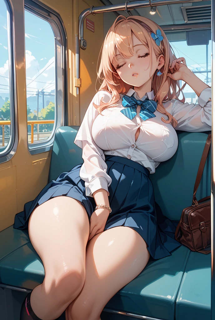 (((Sleeping with legs spread))、(((Shiny underwear)))、Highest quality, 8k, masterpiece :1.3)), whole body, Sharp focus :One Girl,Shiny skin,Sexy pose,Highest quality,Tabletop,shape,Very delicate and beautiful,Hmph,8k壁紙,wonderful,In detail,Official Art,Very detailedなティッカーUnity 8k壁紙,Incredibly ridiculous,Large file size,Very detailedな,High resolution,Very detailed,Beautiful detailed girl,Realistic,X-ray,The queue is full,(((Uniform Blazer、mini skirt)))、(((Big Breasts、Long Hair)))、(((train、trainの椅子に座る)))、, ((茶色のLong Hair、))、Sexy pose、Hairstyle: Long hair、Two hands、Nakano Miku、Wearing high socks