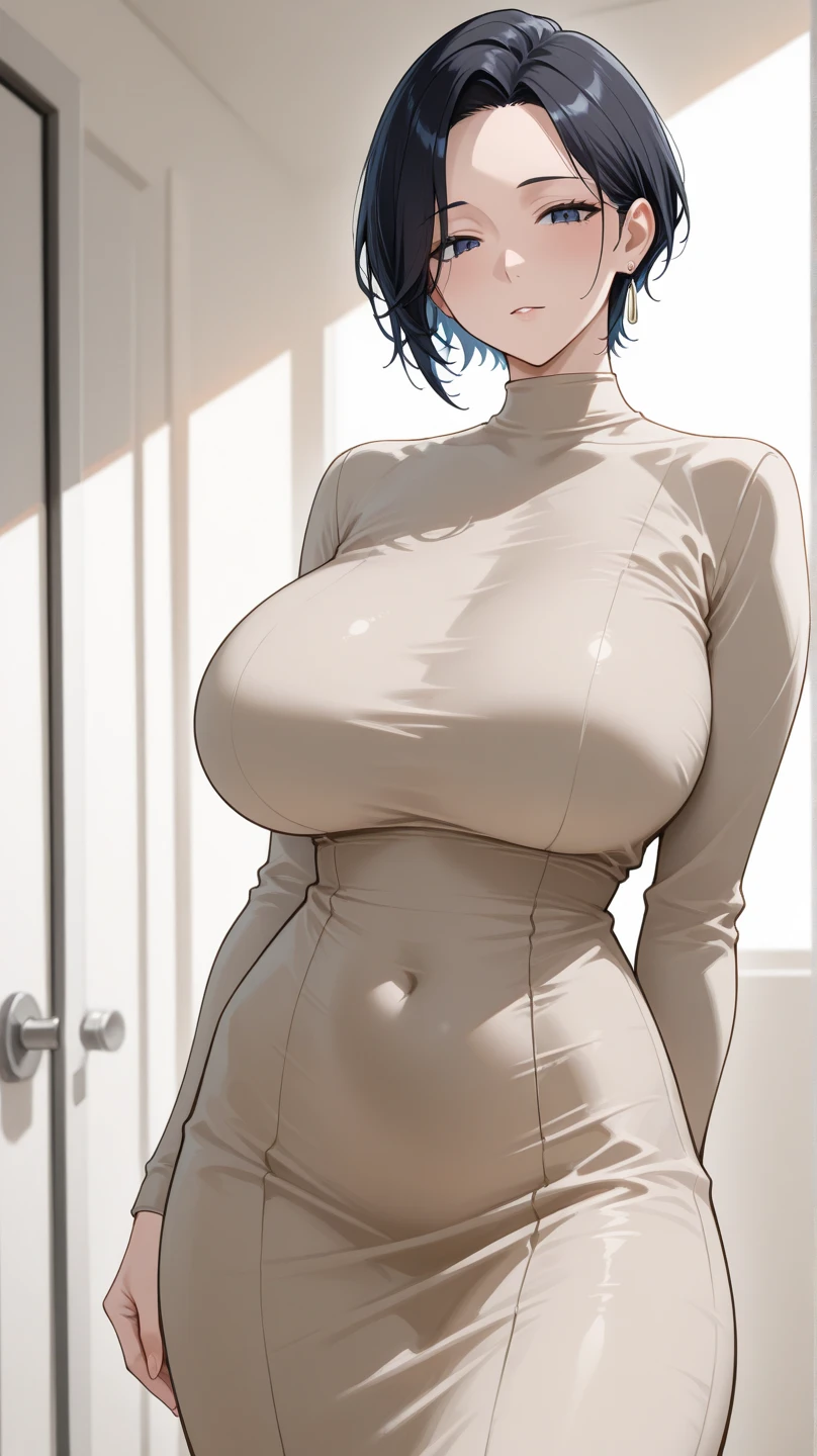 8K,Masterpiece, bset quality,, (1 girl), Blue_Eyes, Black hair, Short hair, pony-tail hair, Professional lighting, (Shiny skin: 1.2), shiny big, ((Best quality)), Sharp focus: 1.2, Highly detailed face and skin texture, Detailed eyes, Perfect face, Perfect body, blur art, CG, Background, Big breasts, Presence (20yr old, mature cool and beautiful face), Wearing ((Red skirt), Black taut shirt, upper legs), Blush, (mittgal), Random pose, Top view, Perfect eye, Angry face, art-style