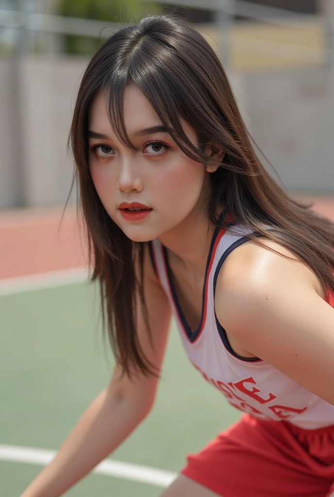 masutepiece, Best Quality, Illustration, Ultra-detailed, finely detail, hight resolution, 8K Wallpaper, Perfect dynamic composition, Beautiful detailed makeup eyelash eyes, gloss lips, Sexy Volleyball Uniform, Sexy face