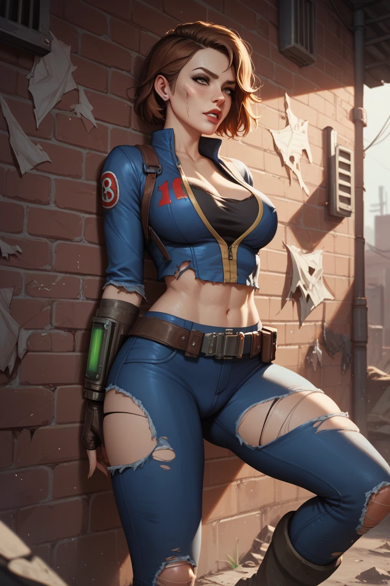Personagem mulher estilo atompunk Fallout 4 cabelos pretos atriz Ella Purnell com marcas de guerras Imagem de desenho animado de uma mulher .Ilustracaoo estilo desenho animado, estilo de arte dos desenhos animados, estilo de arte dos desenhos animados, digital illustration style, estilo atompunk design de personagens altamente detalhado, arte digital detalhada coragem,actress Ella Purnell with black hair slim body Forest fan art, Design de cabelos pretos personagens de retrato, beautiful digital illustration, retrato de alta qualidade, Arte em quadrinhos, s . Eyelined eyes, medium bust and wonderful sexy clothes. image expression of sexual desire from waist to head illustration atompunk style Fallout 4 The perspective is from below, enfatizando a majestade e o poder da Gigante."atriz Ella Purnell cabelos pretos um close up de uma mulher com um vestido vermelho segurando uma arma, artgerm julie bell beeple, glamorosa Jill Valentine, inspirado em Raymond Swanland, Resident Evil, Artgerm Craig Mullins, Cutesexyrobutts, inspirado em Marek Okon, estilo de Raymond Swanland, Resident Evil inspired, Artgerm detailedstyle Cartoon style digital illustration GTA style(mais alta qualidade, super detalhado, realista:1.37), ar livre, garota, turvar, olhos detalhados e lindos, beautiful detailed lips, cowboy hat, colete com franjas, cintura fina, coxas finas, fenda apertada, coxas finas, mostrar barriga, pants, tissue, with confidence, Medium chest, paisagem de fazenda empoeirada, golden hour lighting