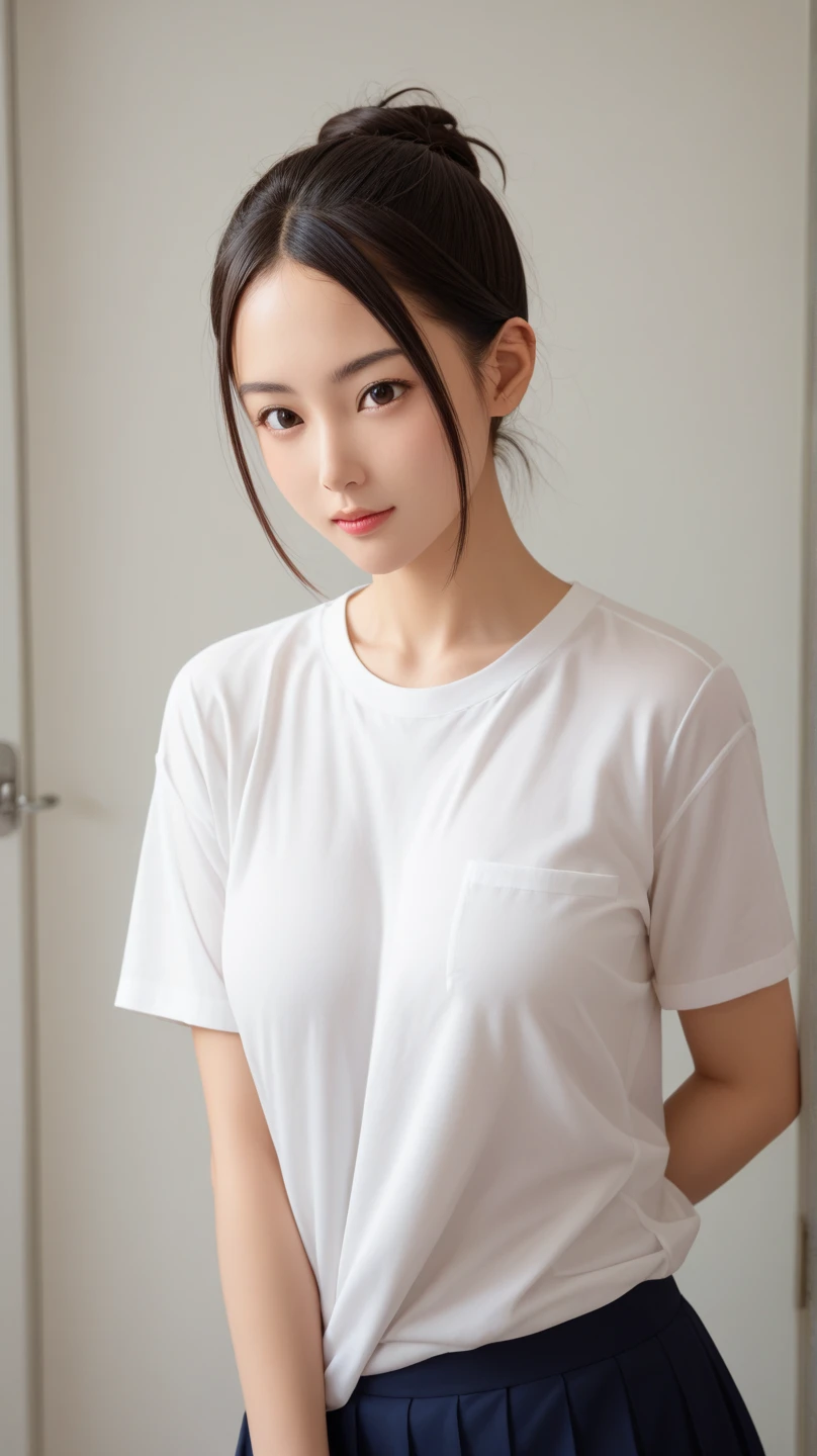 White T-shirt、Raise your arms、room、Small breasts、slender、Long Hair、night