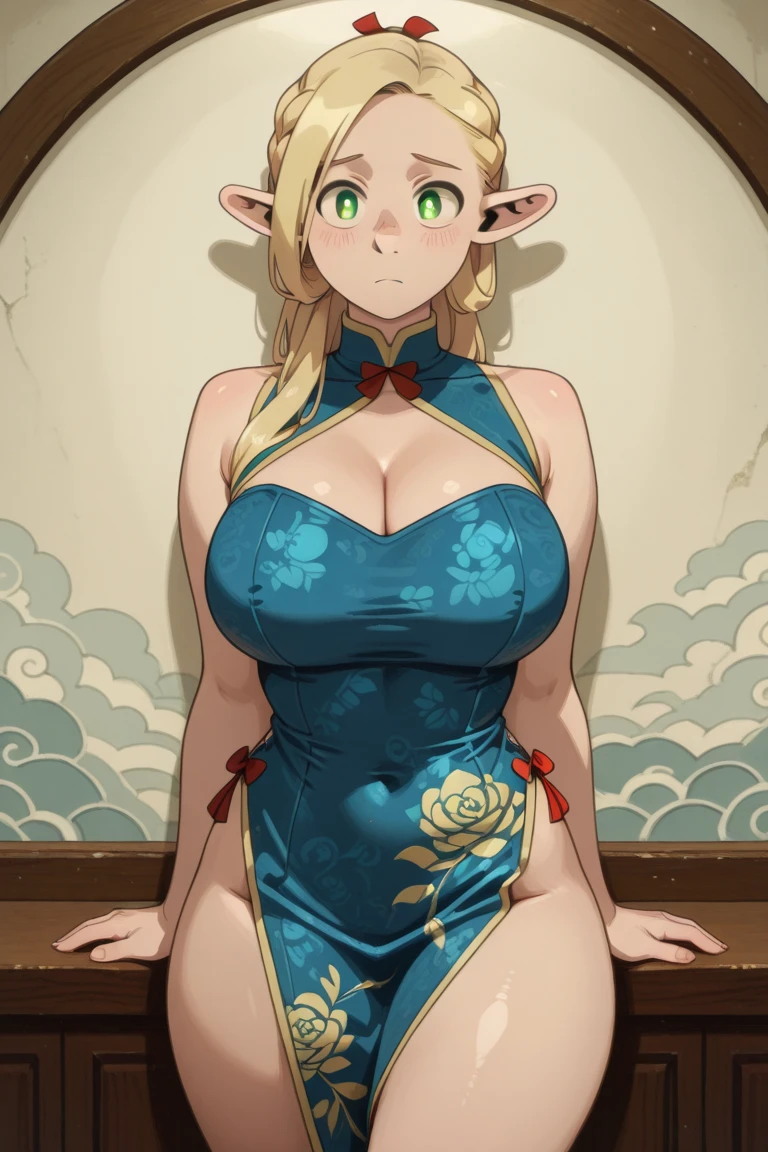 (masterpiece, best quality) detailed, Wearing black tights, silver accessories , bionde ,elegant, Pointed ears ,Chinese element pattern,thigh,Leaking thigh,White long skirt,Clothes are torn,individual,Alphonse Mucha's,Large Breasts
