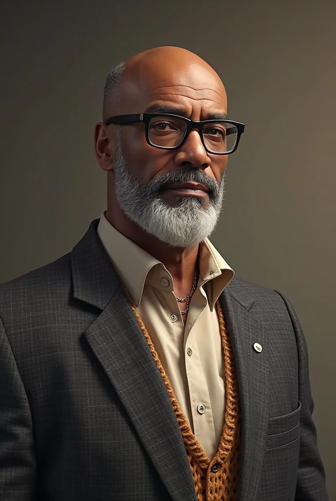 male Geriatric Hourglass, African, Steel gray eyes, Pointed Chin with Cleft, Sunken Cheeks, Rounded Forehead, Defined Jawline, Cheekbones, Lavender Box braids hair, Admiration, wearing Amethyst Cotton Denim bermuda shorts, Linen shirt, , , , Standing with crossed arms and raised eyebrow, indicating skepticism