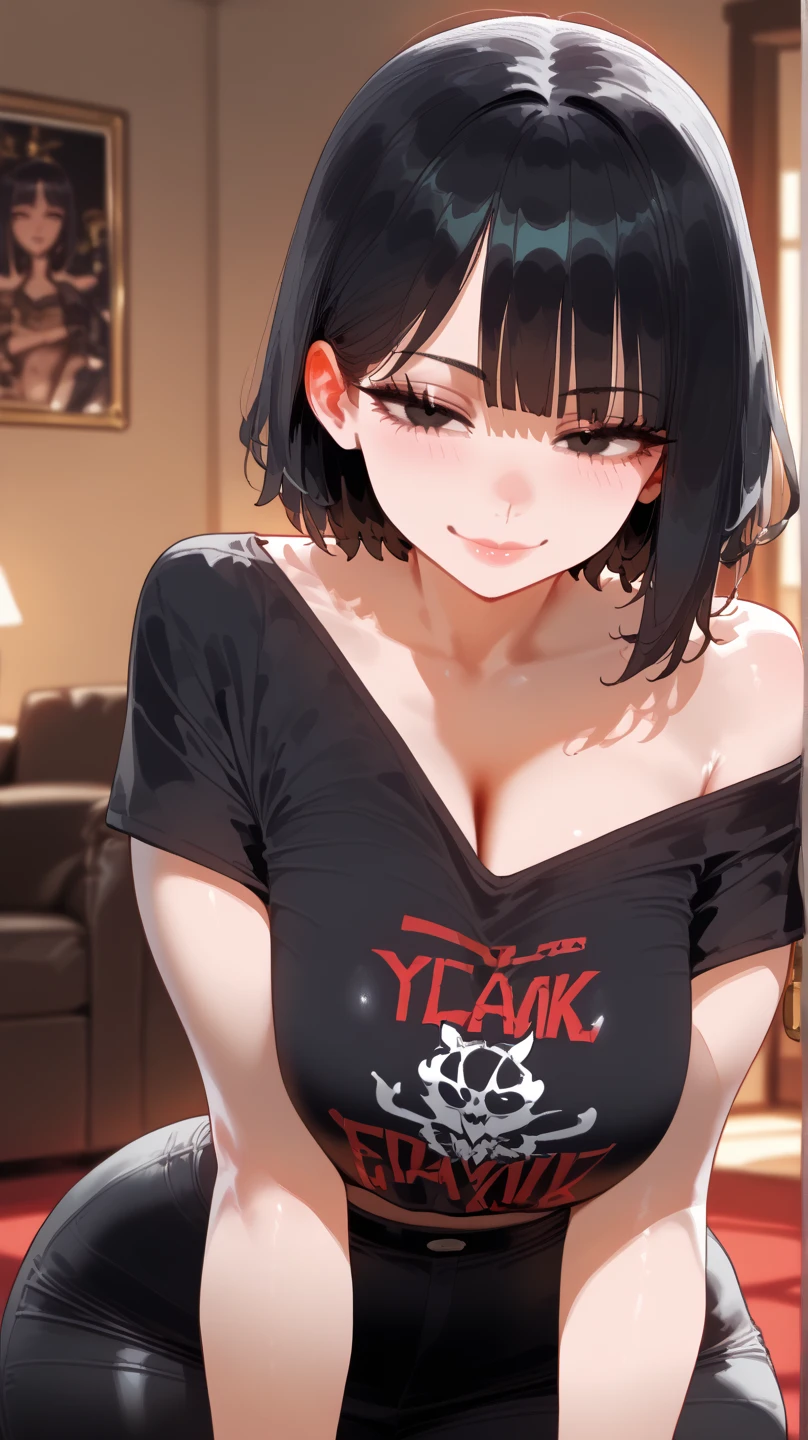 1girl, black skirt, busty, white t-shirt, beautyful woman, sexy, black hair, short haircut, blush, arm down, sexy look, parted lips, red eyes, epic lightning, detailed lightning, detailed background, bedroom, high thigh socks
