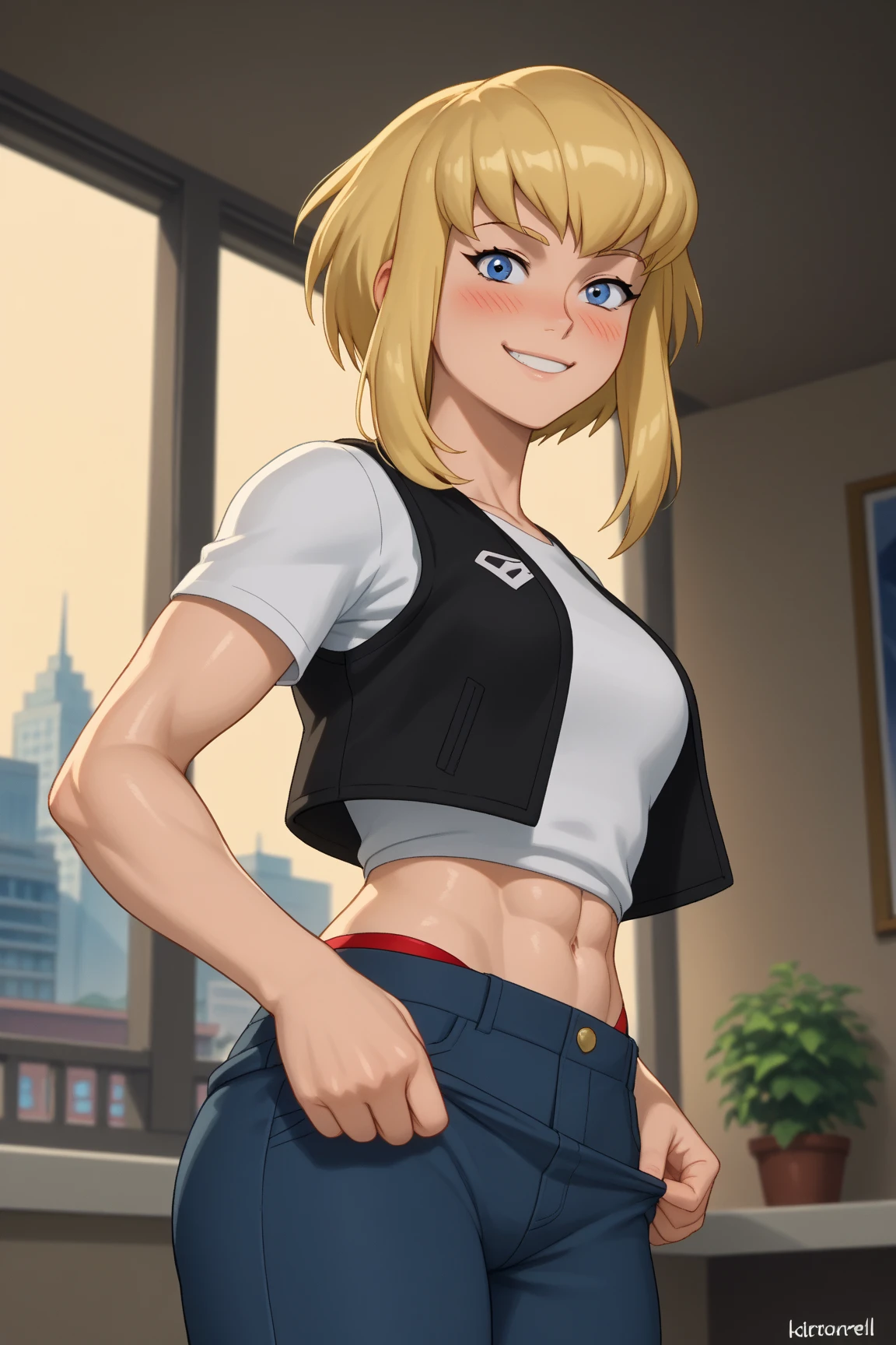 masterpiece, flawless, beautiful, yellow hair, blond, dark skin, low rise jeans, pink crop top, green eyes, thick eyrbrows glare, chubby, athletic, broad shoulders, defined arms, flat chest,