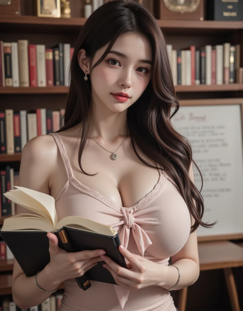 (Masterpiece, BestQuality:1.3), (ultra detailed:1.2), (hyperrealistic:1.3), (RAW photo:1.2),High detail RAW color photo, professional photograph, (Photorealistic:1.4), (realistic:1.4), ,professional lighting, (japanese), beautiful face, (realistic face), cute woman, (Big Tits, The underboob is visible:1.5), (cheerful Smile:1.35), Trending Hair&Trending Hairカラーをランダムに, earrings, necklace, bracelet, sexly, erotic sexly, Random sexy gravure poses,Beautiful woman in a red dress、In a historic library、Holding a book and smiling seductively、Wavy hair flowing down her back。:1.3)