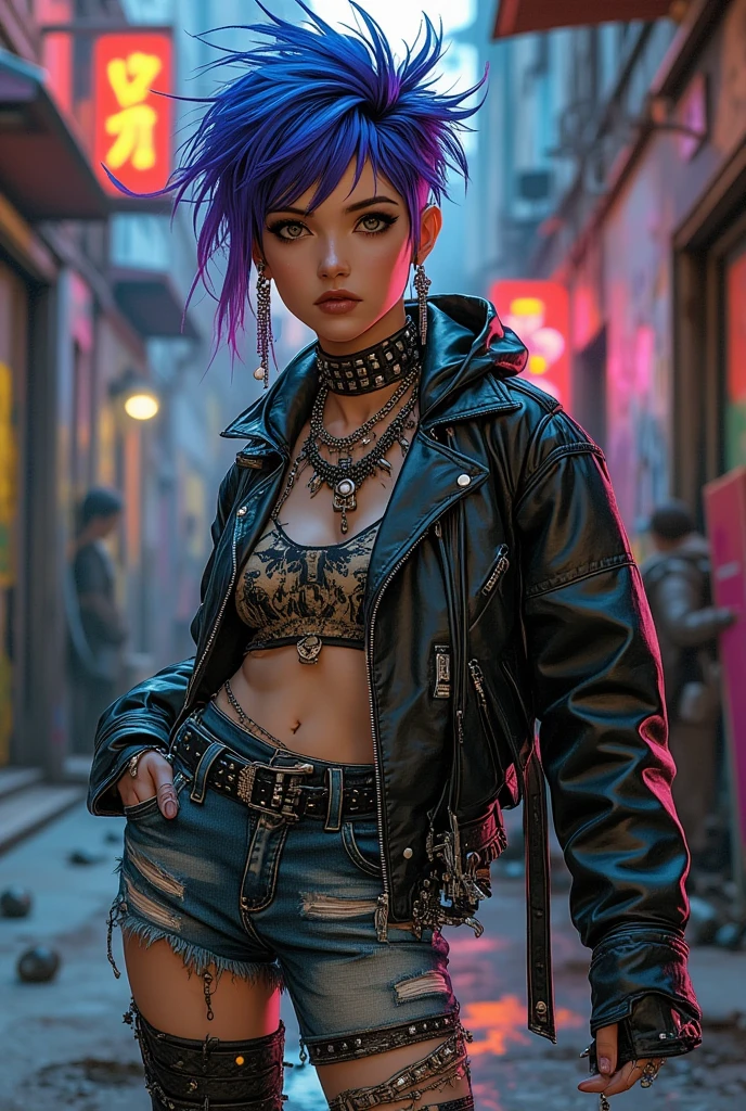 (zendaya), at the the Grand Central Terminal, cinematic, medium shot, whole head in frame, detailed face, detailed eyes, evening, punk aesthetic, pale blue ripped jeans, braces, suspenders, black boots, white shirt, skull, heart, necklace, chain, bullets, black leather jacket, dark blue beanie, tattoo sleeve, right arm, intricate design, flowers, yellowed skull, dyed hair, light purple roots, blue ends, navy T-shirt, rock, chick, messy hair, Full body, Beautiful anime waifu style girl,hyperdetailed painting, luminism, art by Carne Griffiths and Wadim Kashin concept art, dark background, abstract beauty, approaching perfection, pure form, golden ratio, minimalistic, dark atmosphere, unfinished, concept art, by Brian Froud and Carne Griffiths and Wadim Kashin and John William Waterhouse, intricate details, 8k post production, high resolution, hyperdetailed, trending on artstation, sharp focus, studio photo, intricate details, highly detailed, by greg rutkowski