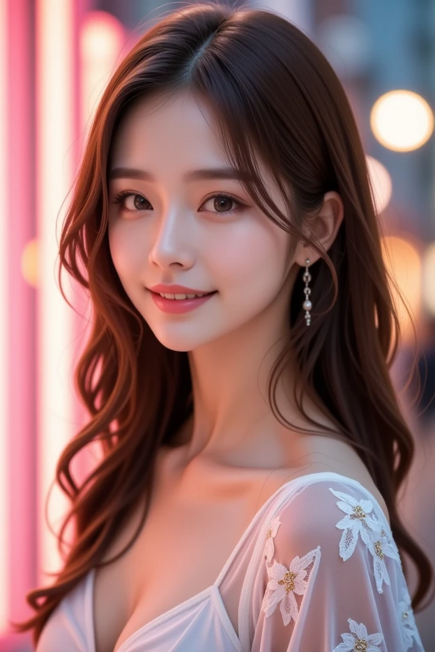 ((Realistic lighting、top-quality、2k、masterpiece:1.3))、Portrait of woman in pink dress with tear on head, Focus:1.2、Perfect figure:1.4、Slim abs:1.1、(Inside the bar、Night:1.1)、(Super fine face、A smile)、big eye、24