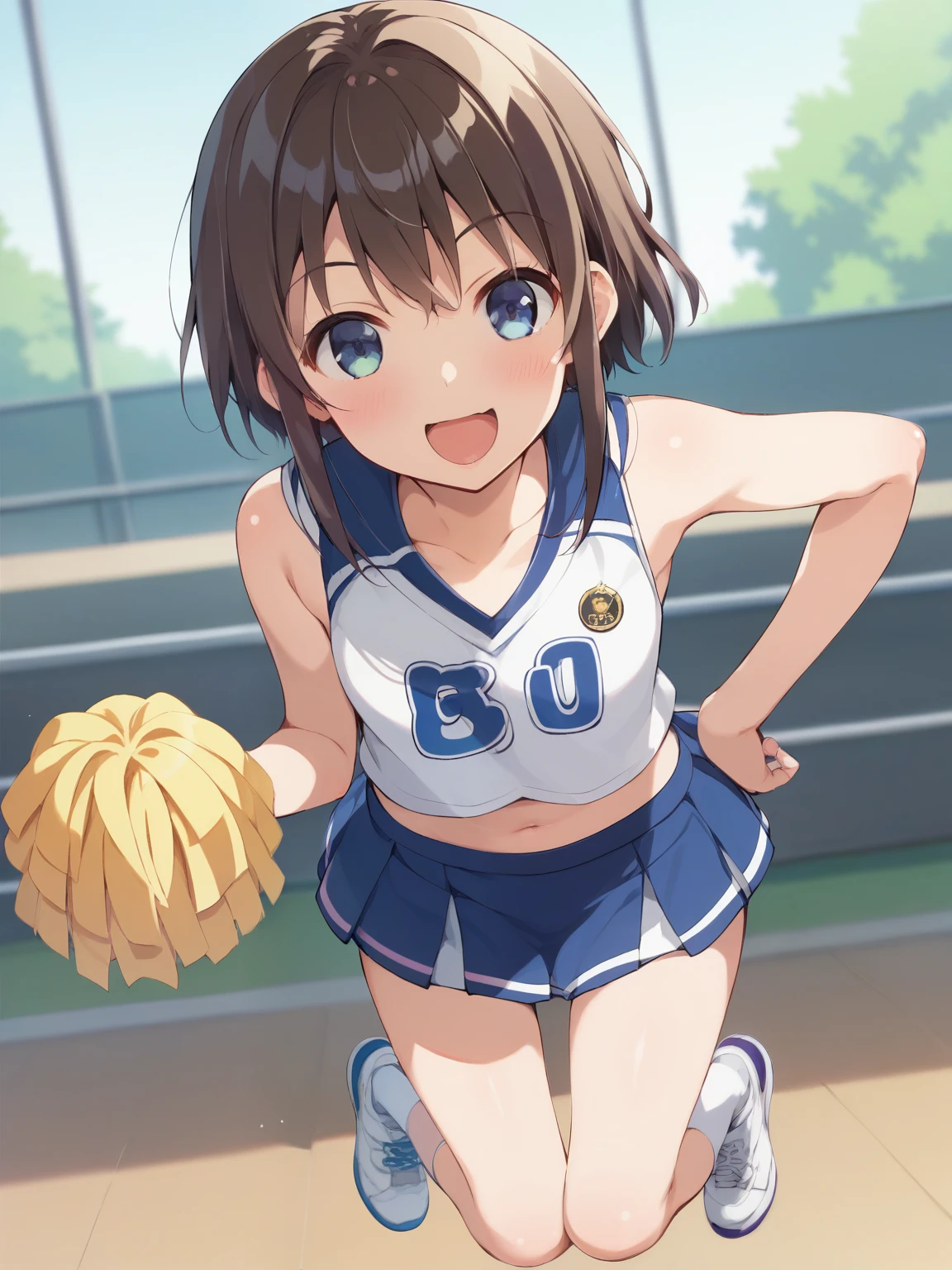 score_9, score_8_ up, score_7_ up, score_6_ up, score_5_ up, anime,nsfw,uncensored,masterpiece、Highest Quality、high image quality 、newest 、Izumi Konata ,らき☆すた,elementary school student,young ,short,Baby Face, shape,Stupid hair、Elbow that reaches the foot、cheerleader、sneakers、目をつぶったsmile、M-shaped mouth、 Dynamic Perspective、smile、composition centered on a girl's face、she's looking at you、stage、raises one arm、place your hands on your hips,motion blur,Kyoani Style,