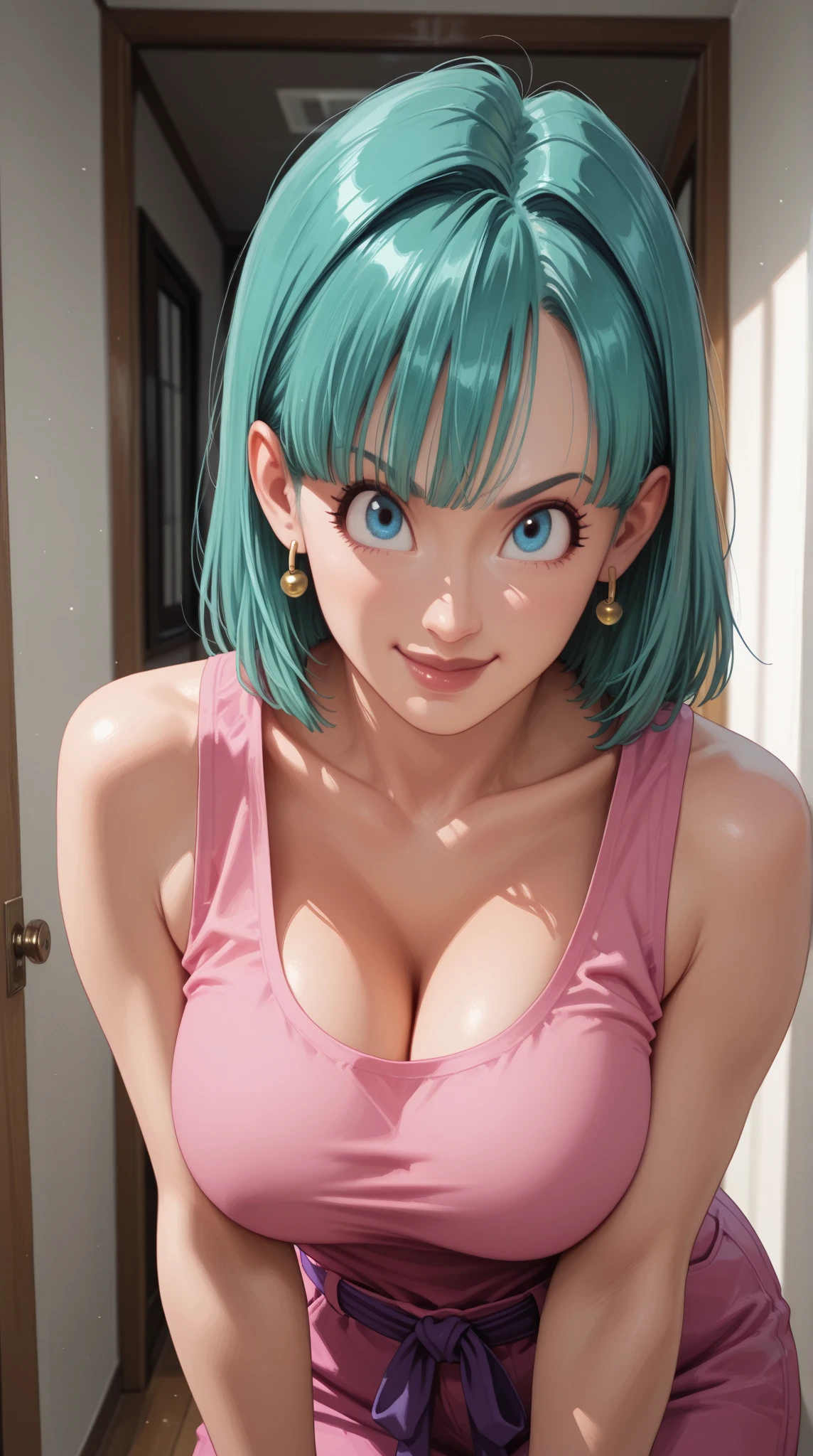 bulma, 1 girl, Alone, blue eyes, For the blue, aquamarine hair, simple braid, braided ponytail, hair band, Red ribbon, hair bow, earrings,
Large breasts and large hips small waist in garters very close to the screen,
smile,Closed mouth,cowboy shot,
forest,exterior,
(incredibly detailed, beautiful detailed face, masterpiece, Best Quality) cinematic lighting,