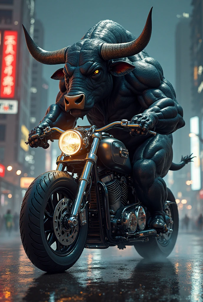 Create a picture that shows a minotaur sitting in a motorcycle